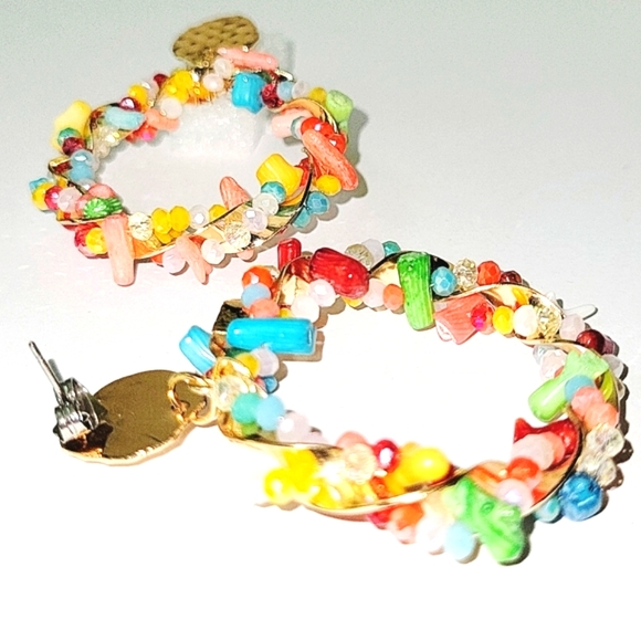 NEW! Multicolored Color Enhanced Coral & Glass Drop Hoop Earrings in Goldtone. - Picture 10 of 12